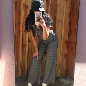 Thick grey plaid shirt sleeve jumpsuit